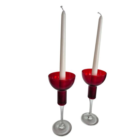 Vintage Red Cranberry Glass Candle Holders Tall Red Christmas Holiday Set of 2 - Picture 3 of 10